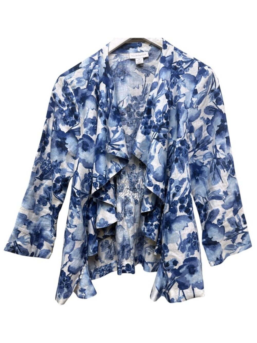 Charter Club Floral 100% Linen Jacket Medium Blue White Ruffle Open Front